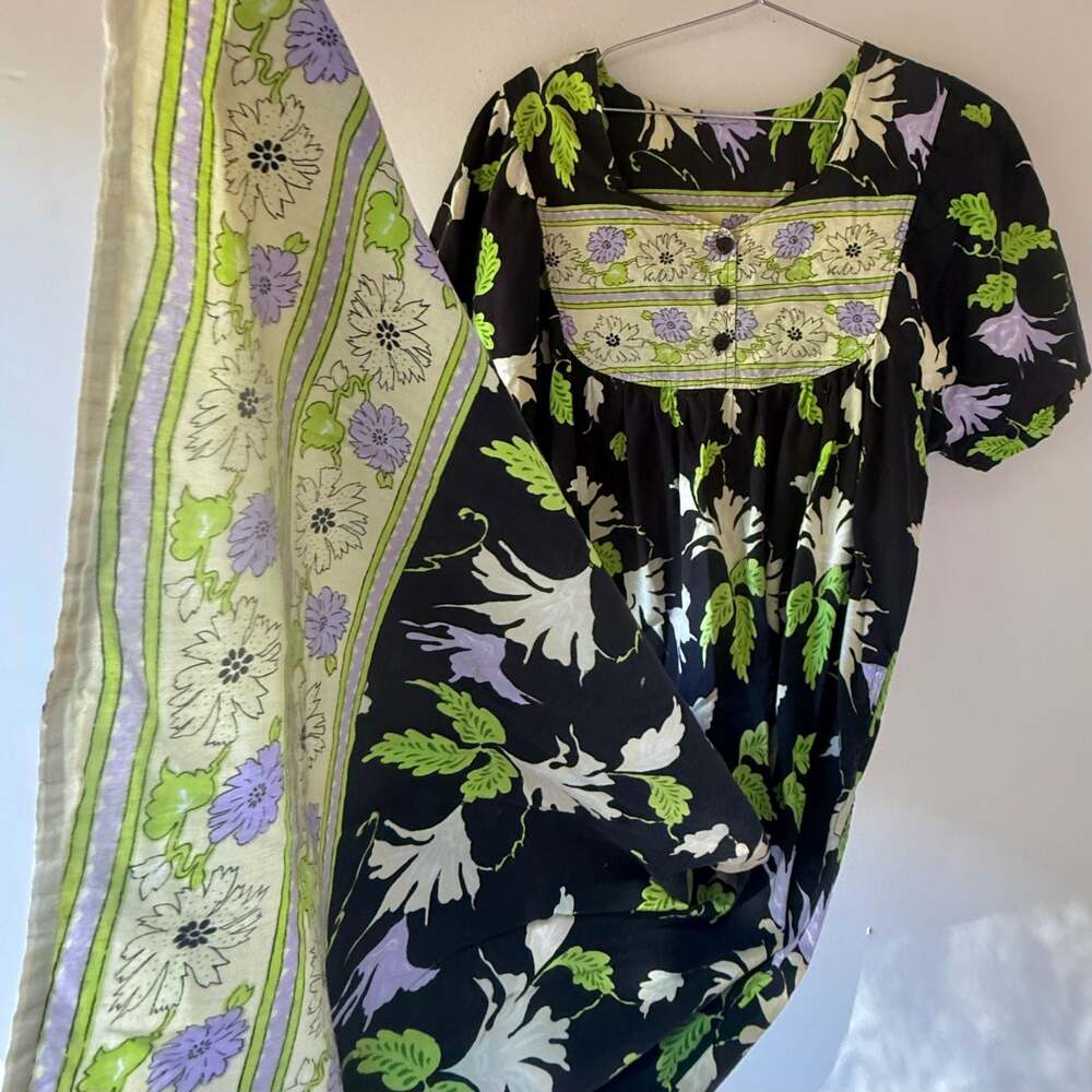 Vintage Black Floral Muumuu Dress with Green And Purple flowers and Pocket